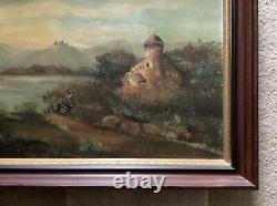 Antique Oil Painting, European, Mountain, River, Unsigned, 27 3/4 x 21 3/4