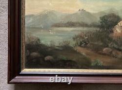Antique Oil Painting, European, Mountain, River, Unsigned, 27 3/4 x 21 3/4