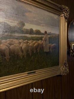 Antique Oil Painting Flock Of Sheep Pastoral Painting Original Signed Maurice B