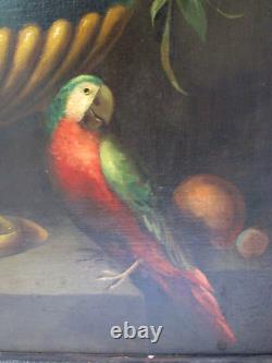 Antique Oil Painting Large Urn of Flowers and a Parrot