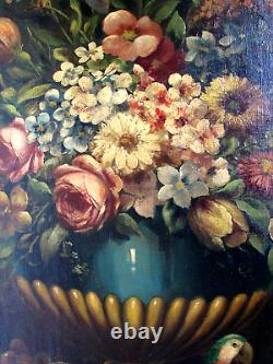 Antique Oil Painting Large Urn of Flowers and a Parrot