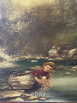 Antique Oil Painting, Listed Kansas Artist, Joel VD Patch, Boy At Stream