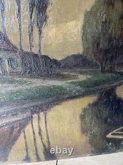 Antique Oil Painting On Canvas French Countryside 29 3/4 X 23 3/4