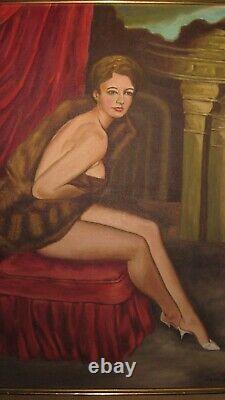 Antique Oil Painting On Canvas Nude Woman In Fur Boudoir Nicely Framed Signed