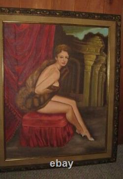 Antique Oil Painting On Canvas Nude Woman In Fur Boudoir Nicely Framed Signed