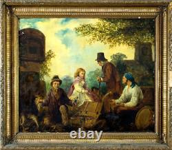 Antique Oil Painting, Outdoor Scene, with Figures, W. Bromley (UK), 1800