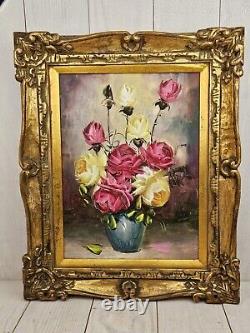 Antique Oil Painting Pink and Yellow Roses Blue Vase Gold Gesso Frame 21 x 17