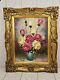 Antique Oil Painting Pink And Yellow Roses Blue Vase Gold Gesso Frame 21 X 17