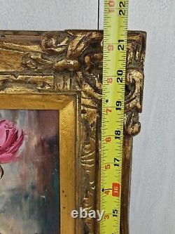 Antique Oil Painting Pink and Yellow Roses Blue Vase Gold Gesso Frame 21 x 17