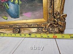 Antique Oil Painting Pink and Yellow Roses Blue Vase Gold Gesso Frame 21 x 17