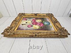 Antique Oil Painting Pink and Yellow Roses Blue Vase Gold Gesso Frame 21 x 17