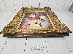 Antique Oil Painting Pink and Yellow Roses Blue Vase Gold Gesso Frame 21 x 17