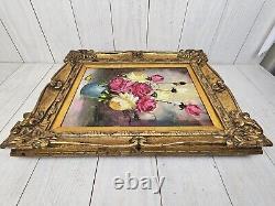 Antique Oil Painting Pink and Yellow Roses Blue Vase Gold Gesso Frame 21 x 17