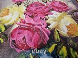 Antique Oil Painting Pink and Yellow Roses Blue Vase Gold Gesso Frame 21 x 17