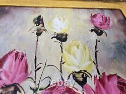 Antique Oil Painting Pink and Yellow Roses Blue Vase Gold Gesso Frame 21 x 17