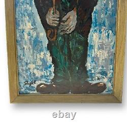 Antique Oil Painting Sad Clown In Rain Holding Umbrella Signed Grifoll Spain