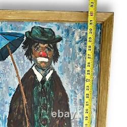 Antique Oil Painting Sad Clown In Rain Holding Umbrella Signed Grifoll Spain