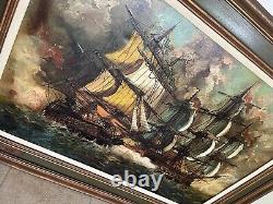 Antique Oil Painting, Stormy Seas Battleship, By A. Vasselli Signed