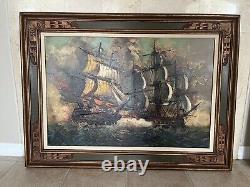 Antique Oil Painting, Stormy Seas Battleship, By A. Vasselli Signed