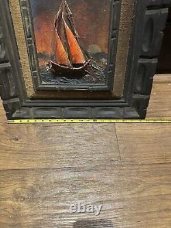 Antique Oil Painting With Pop Out Boat by Rochehe 19x21 Era Early 1800s
