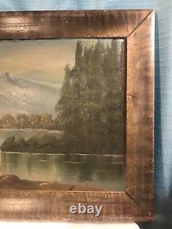 Antique Oil Painting Wood Grain Painted Frame 15x17.5 Mountain Forrest Scene