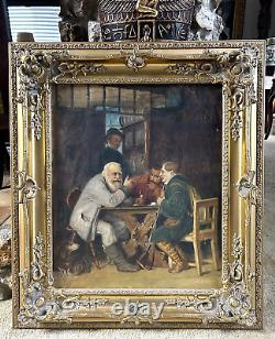 Antique Oil Painting on Canvas European Tavern Scene Hunters Ornate Gold Frame