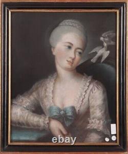 Antique Oil Paper French Pastel Lady Portrait Doves Kiss Framed Rare Old 19th