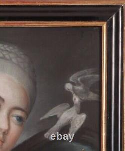 Antique Oil Paper French Pastel Lady Portrait Doves Kiss Framed Rare Old 19th