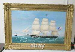 Antique Oil on Canvas 3 Masted Clipper Ship PS with American Flag Free Shipping