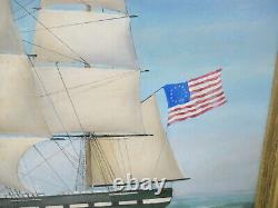 Antique Oil on Canvas 3 Masted Clipper Ship PS with American Flag Free Shipping