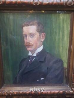 Antique Oil on Canvas Painting Male with Mustache Portrait Framed Late 19th C