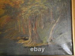 Antique Oil on Canvas Painting Unsigned Amateur Campfire Forest Moon apx 45x22