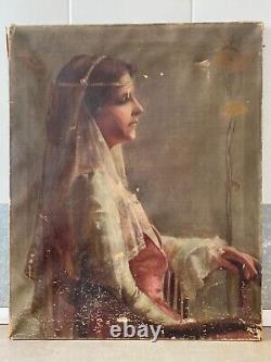 Antique Old 19th c. Art Nouveau Social Realism Wedding Portrait Oil Painting