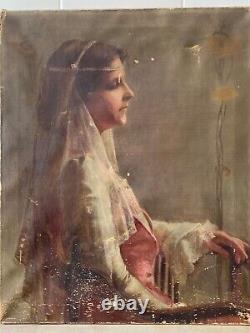 Antique Old 19th c. Art Nouveau Social Realism Wedding Portrait Oil Painting
