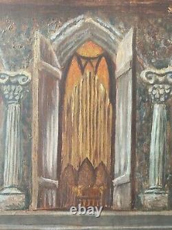 Antique Old American PA Regionalism WPA Gothic Church Oil Painting, Gamble 52