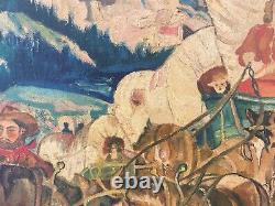 Antique Old American WPA Wild West Cowboy Oregon Trail Indian Oil Painting