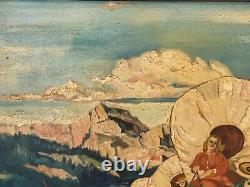 Antique Old American WPA Wild West Cowboy Oregon Trail Indian Oil Painting