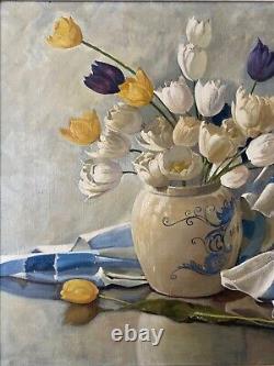 Antique Old Dutch Impressionist Tulip Flowers Still Life Oil Painting, Bijl