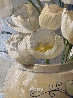 Antique Old Dutch Impressionist Tulip Flowers Still Life Oil Painting, Bijl