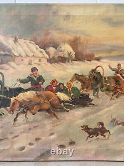 Antique Old Early Soviet Russian Troika Socialist Realism Oil Painting, 1930s