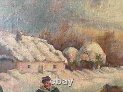 Antique Old Early Soviet Russian Troika Socialist Realism Oil Painting, 1930s