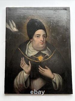 Antique Old Master Painting Large Oil Religious Icon Portrait St Thomas Aquinas