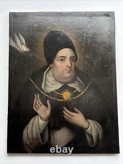 Antique Old Master Painting Large Oil Religious Icon Portrait St Thomas Aquinas