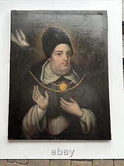 Antique Old Master Painting Large Oil Religious Icon Portrait St Thomas Aquinas