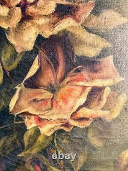 Antique Old Victorian Era art Nouveau Roses Still Life Floral Oil Painting Art