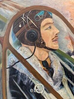Antique Old WWII Folk Art Outsider Oil Painting, RAF Squadron Airplane 1940s