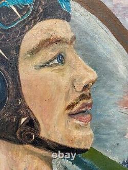 Antique Old WWII Folk Art Outsider Oil Painting, RAF Squadron Airplane 1940s
