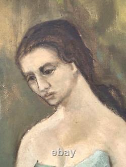 Antique Olga Khokhlova Picasso Oil Painting Old Lost Portrait with Floral Hat