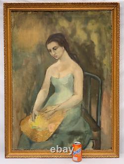 Antique Olga Khokhlova Picasso Oil Painting Old Lost Portrait with Floral Hat