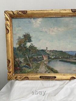 Antique Original 10X13 Oil Painting France Village River 1800s CH. Rousseau Art